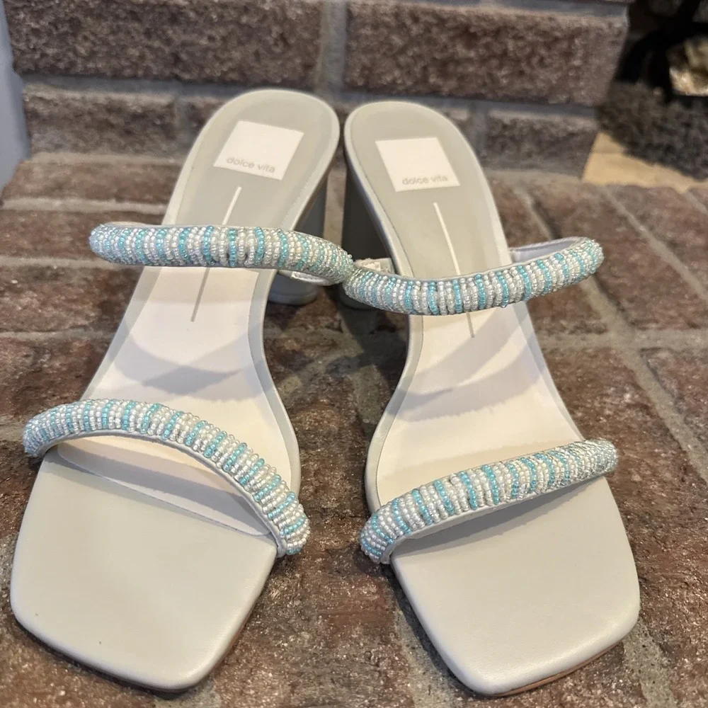 Dolce Vita Womens Nolah Beaded Sandals Mint Multi Leather Block Heel Slides 8.5